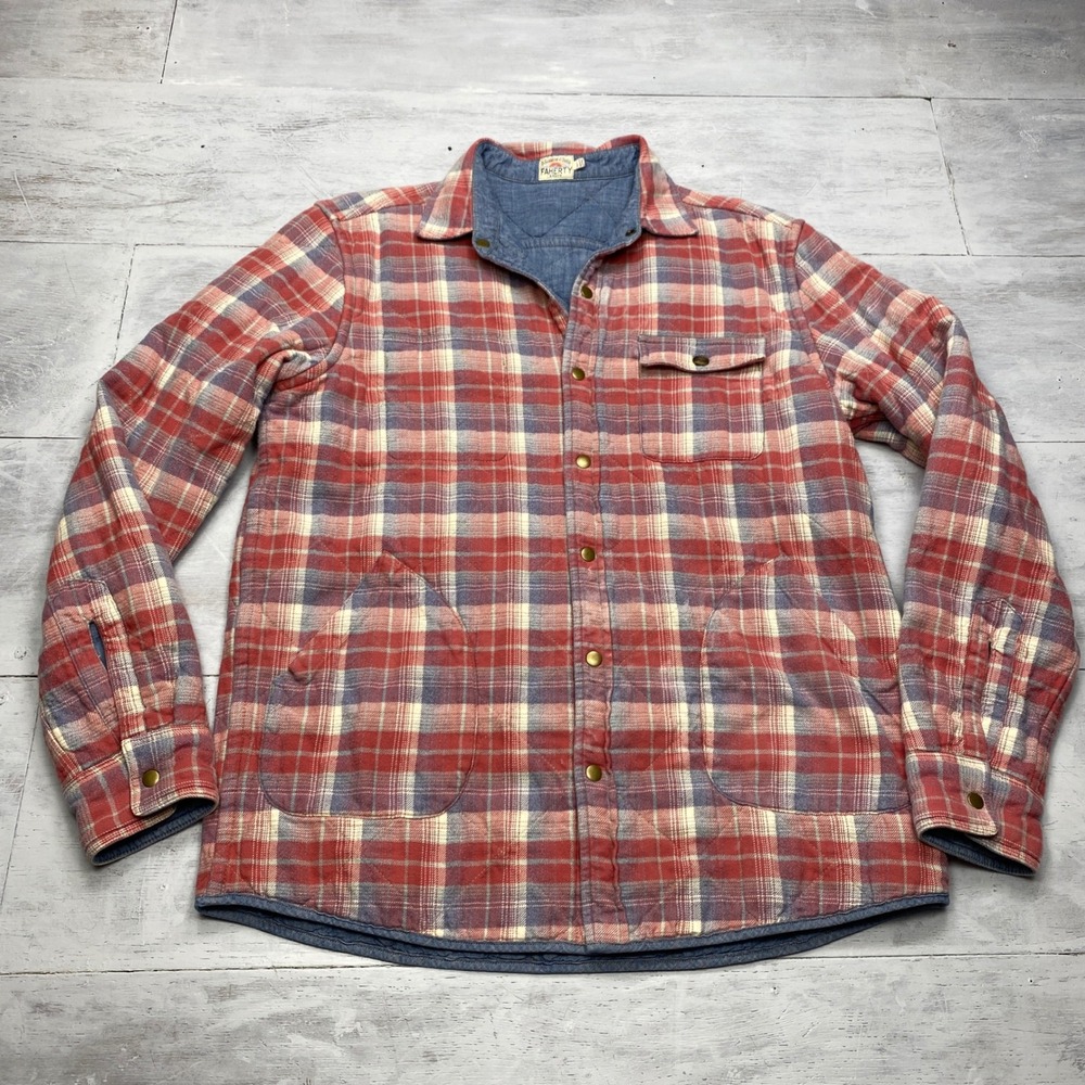 Faherty Brand Quilted CPO Shirt Jacket Mens L Red Blue Plaid Indigo Dyed Cotton